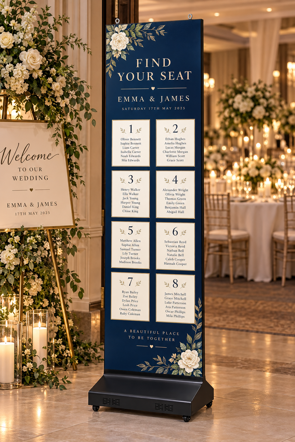 LED poster displaying a wedding seating plan