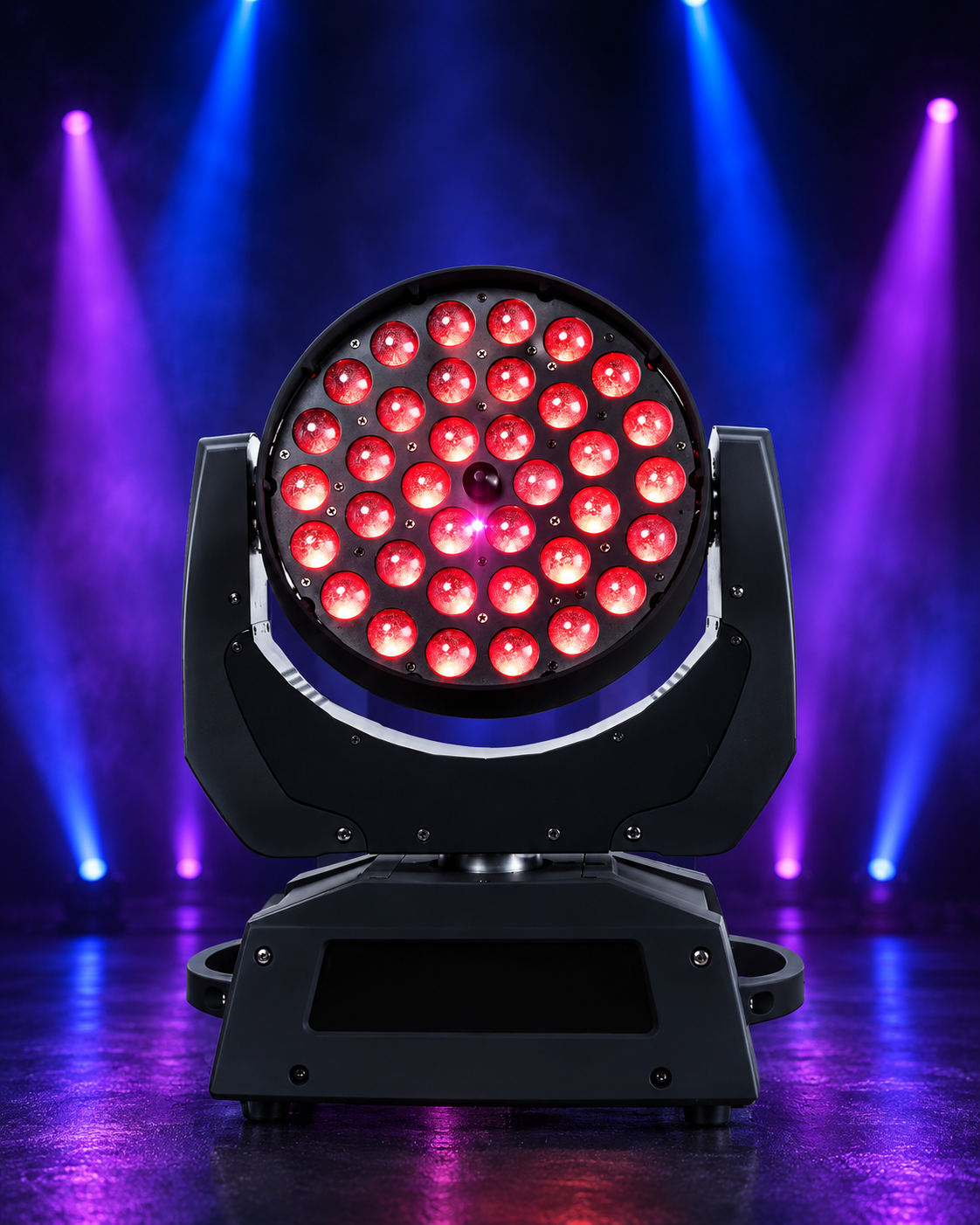 Professional LED moving-head stage light on a dark event stage